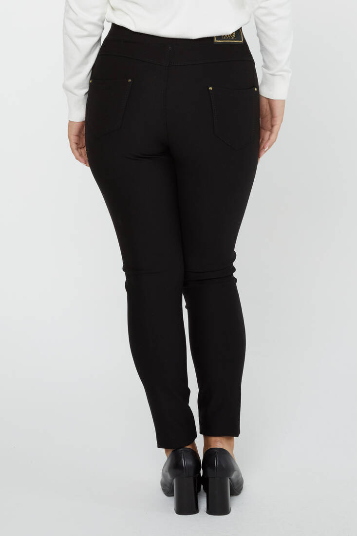 Women's Elastic Waist Trousers Flower Stone Detail Black - 3778 | KAZEE