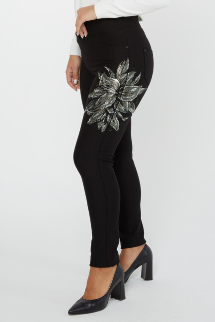 Women's Elastic Waist Trousers Flower Stone Detail Black - 3784 | KAZEE - Thumbnail