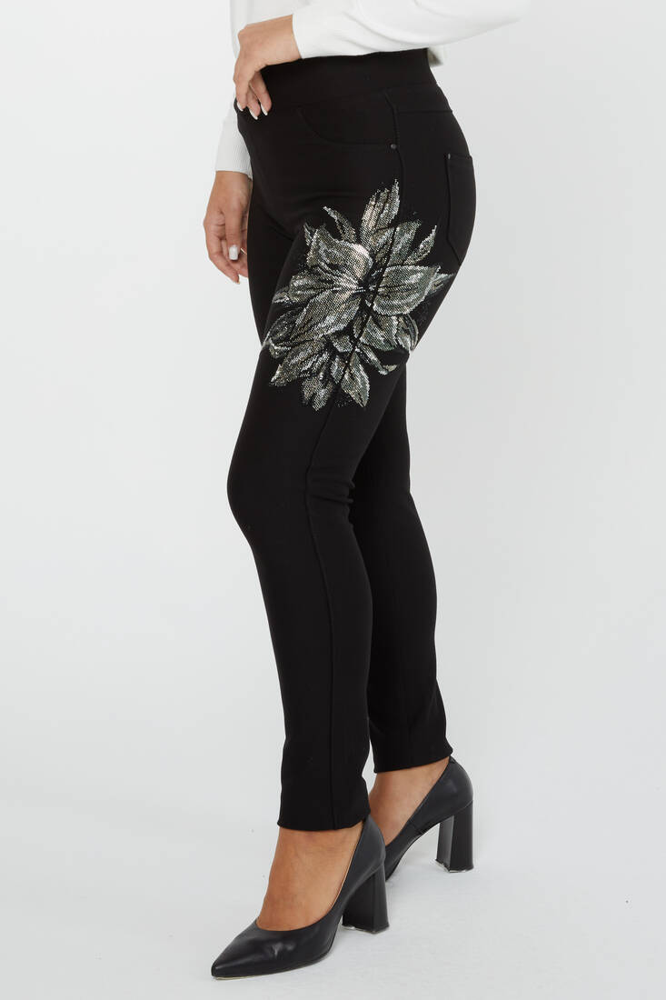 Women's Elastic Waist Trousers Flower Stone Detail Black - 3784 | KAZEE