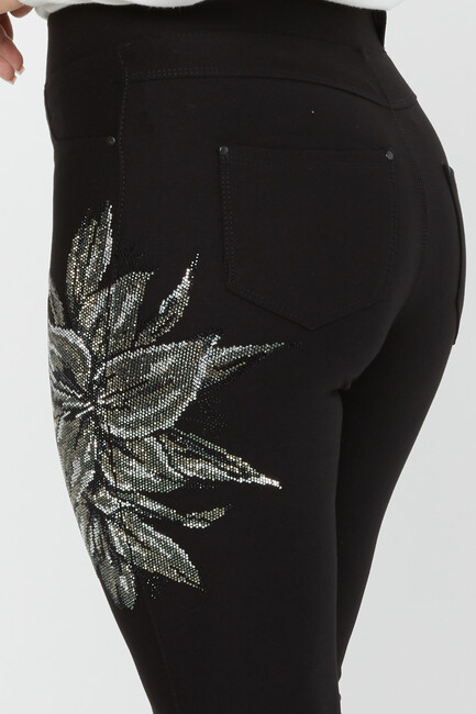 Women's Elastic Waist Trousers Flower Stone Detail Black - 3784 | KAZEE - Thumbnail