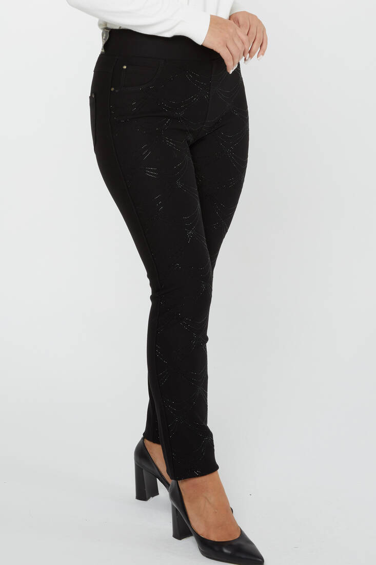 Women's Trousers Elastic Waist Front Wide Stoned Black - 3743 | KAZEE