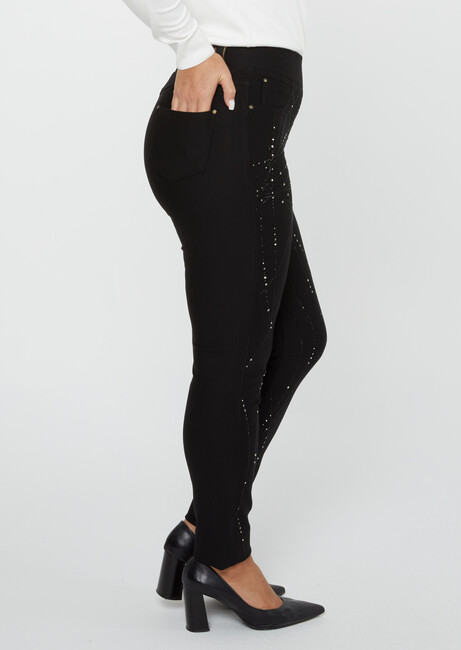 Women's Elastic Waist Trousers Wide Stoned Black - 3740 | KAZEE - Thumbnail