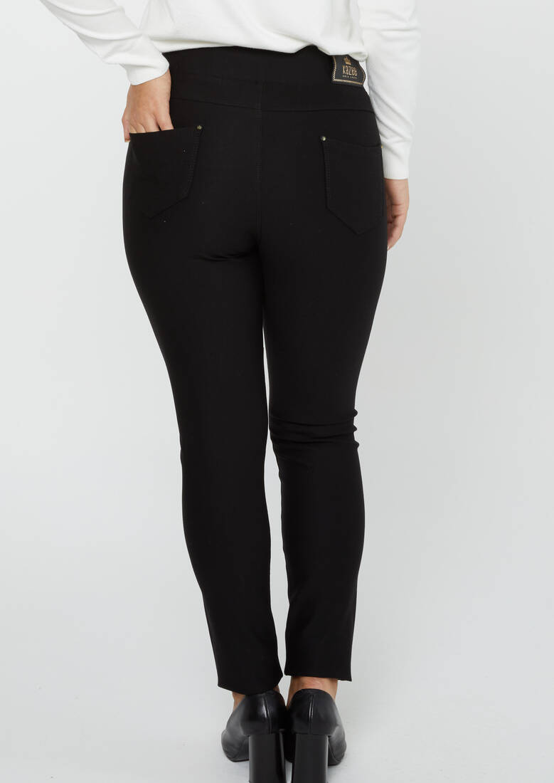 Women's Elastic Waist Trousers Wide Stoned Black - 3740 | KAZEE