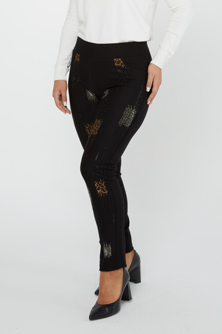 Women's Elastic Waist Trousers Patterned Stone Detail Black - 3783 | KAZEE - Thumbnail