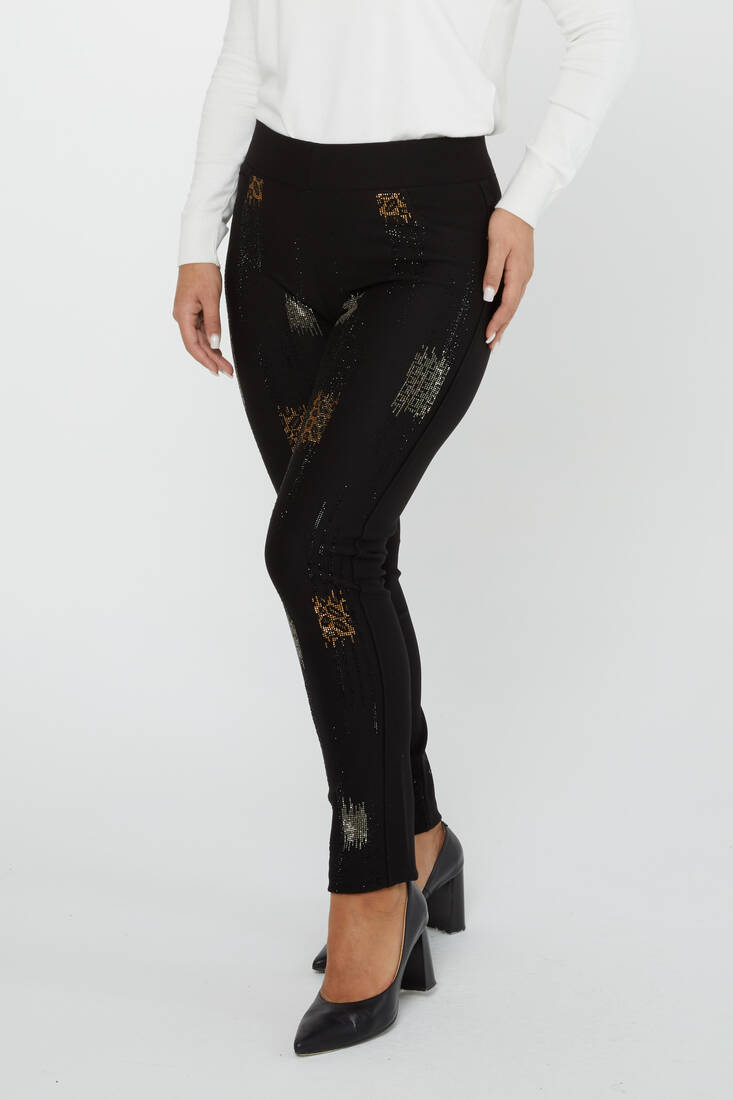 Women's Elastic Waist Trousers Patterned Stone Detail Black - 3783 | KAZEE