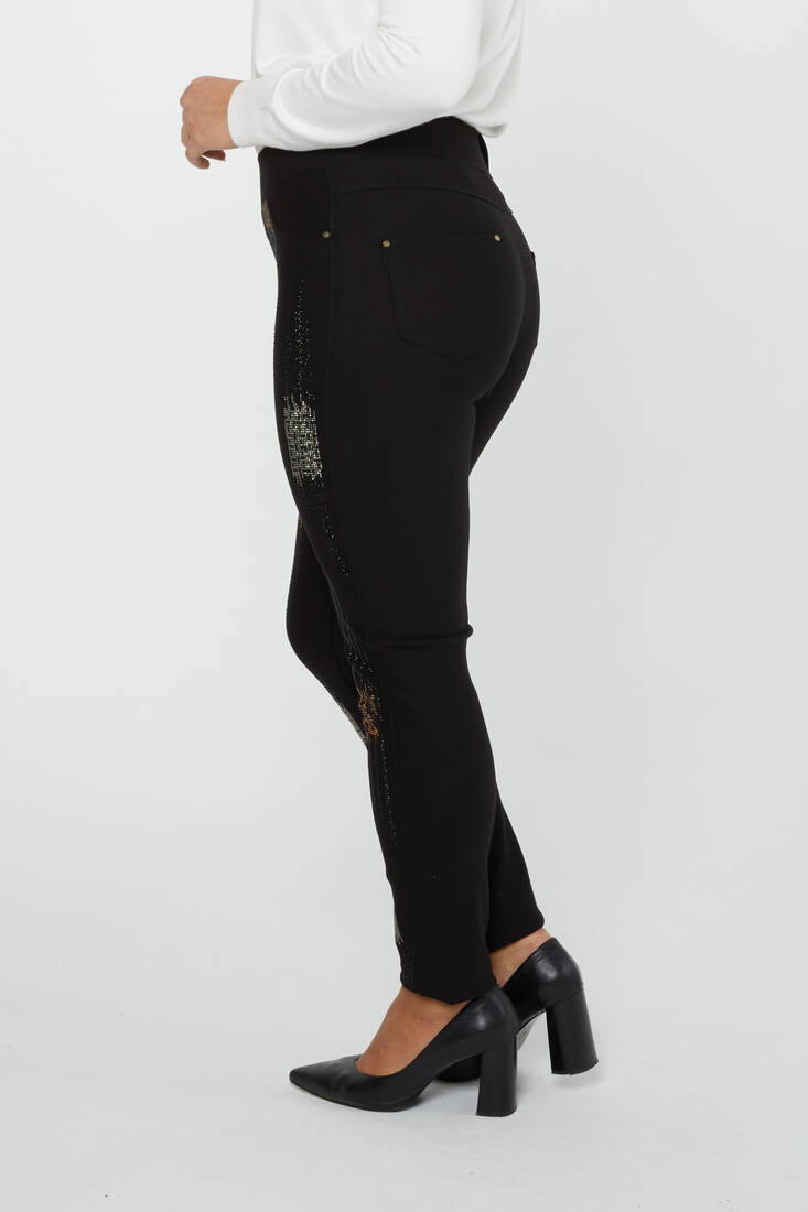 Women's Elastic Waist Trousers Patterned Stone Detail Black - 3783 | KAZEE