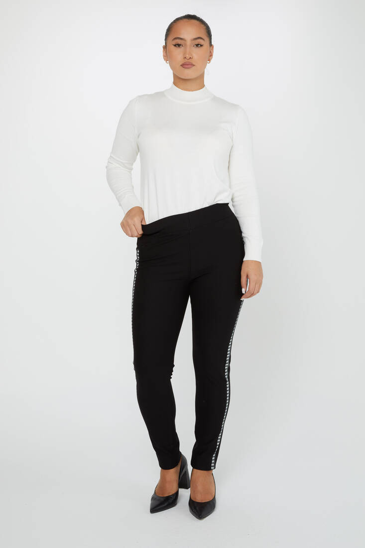 Women's Waist Elastic Trousers Side Stripe Stone Black - 3748 | KAZEE