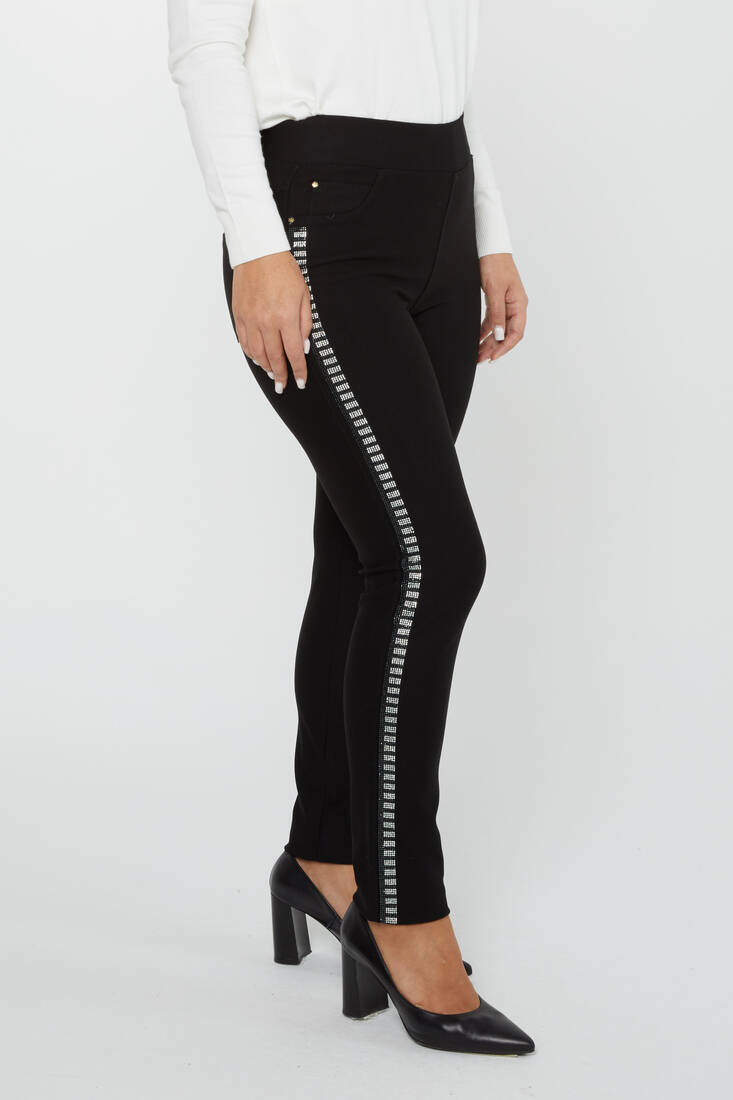 Women's Waist Elastic Trousers Side Stripe Stone Black - 3748 | KAZEE