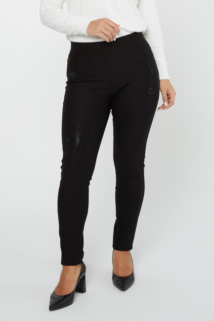 Women's Elastic Waist Trousers Star Stone Detail Black - 3779 | KAZEE - Thumbnail