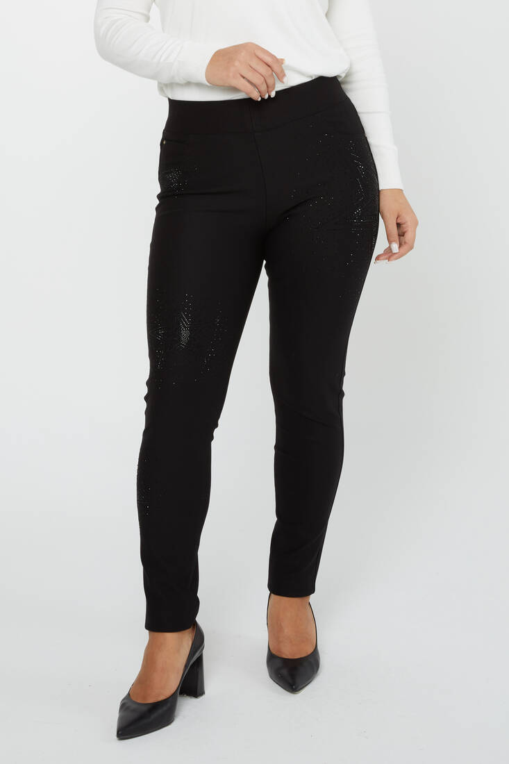 Women's Elastic Waist Trousers Star Stone Detail Black - 3779 | KAZEE