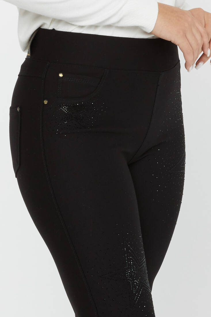 Women's Elastic Waist Trousers Star Stone Detail Black - 3779 | KAZEE