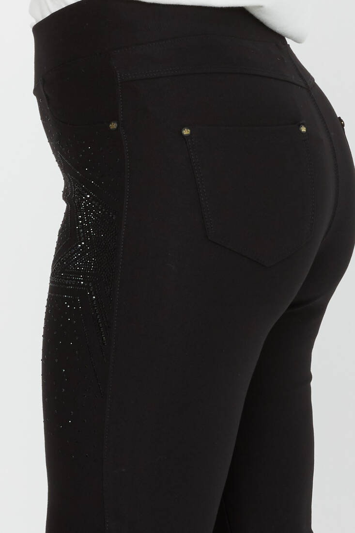 Women's Elastic Waist Trousers Star Stone Detail Black - 3779 | KAZEE