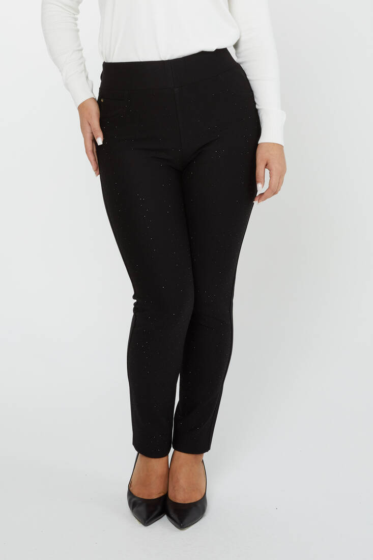 Women's Elastic Waist Trousers Stoned Black - 3735 | KAZEE