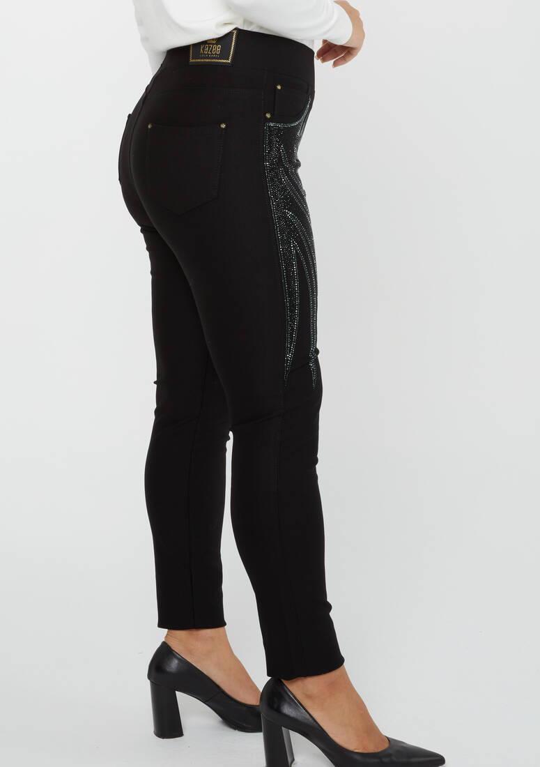 Women's Trousers Front Stone Detail Black - 3771 | KAZEE