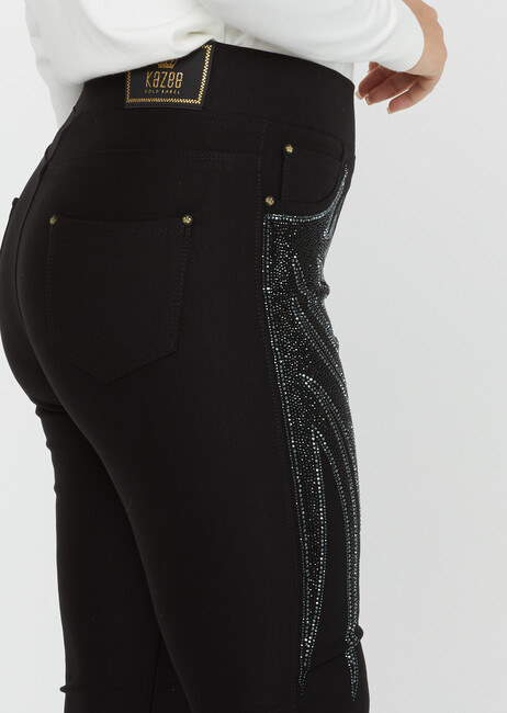 Women's Trousers Front Stone Detail Black - 3771 | KAZEE - Thumbnail