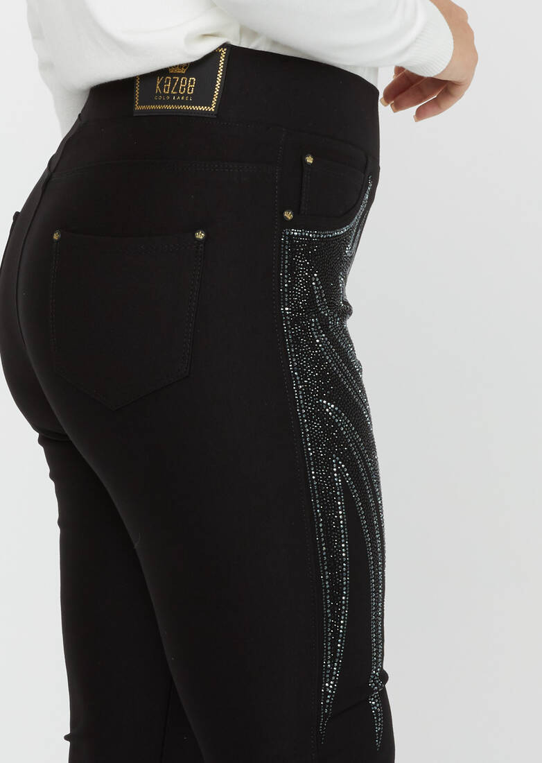 Women's Trousers Front Stone Detail Black - 3771 | KAZEE