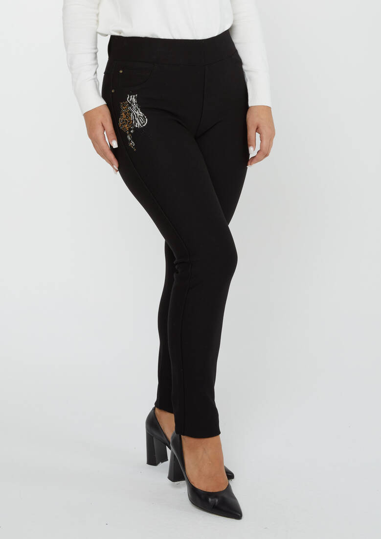 Women's Pants Stoned Cat Pattern Black - 3734 | KAZEE