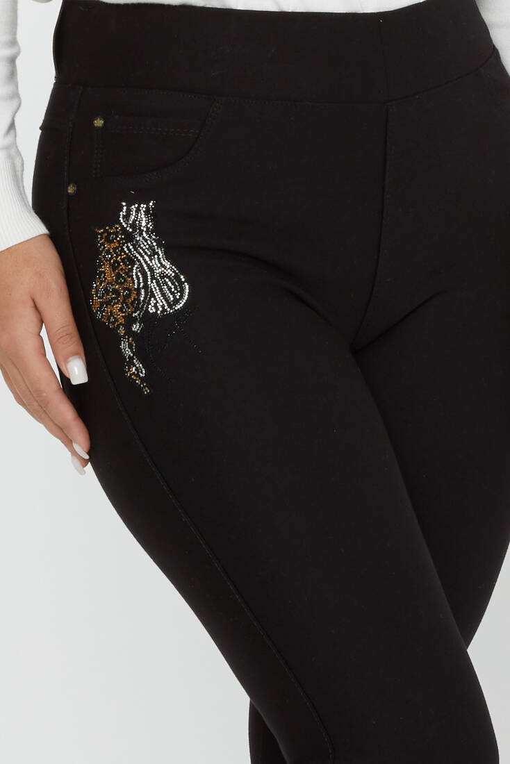 Women's Pants Stoned Cat Pattern Black - 3734 | KAZEE