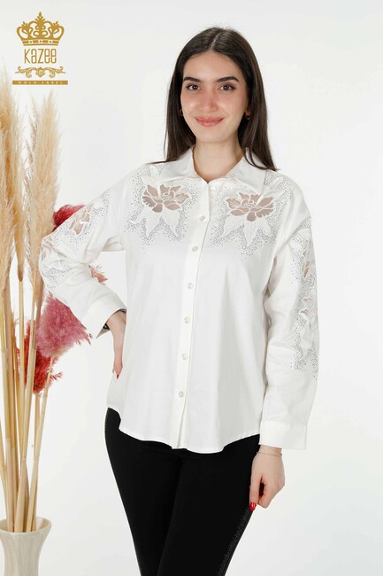 Women's Shirt Ecru With Flower Embroidery - 20253 | KAZEE - Thumbnail