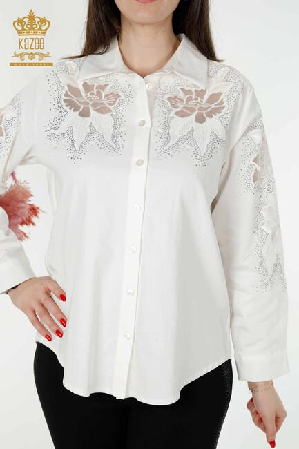 Women's Shirt Ecru With Flower Embroidery - 20253 | KAZEE - Thumbnail