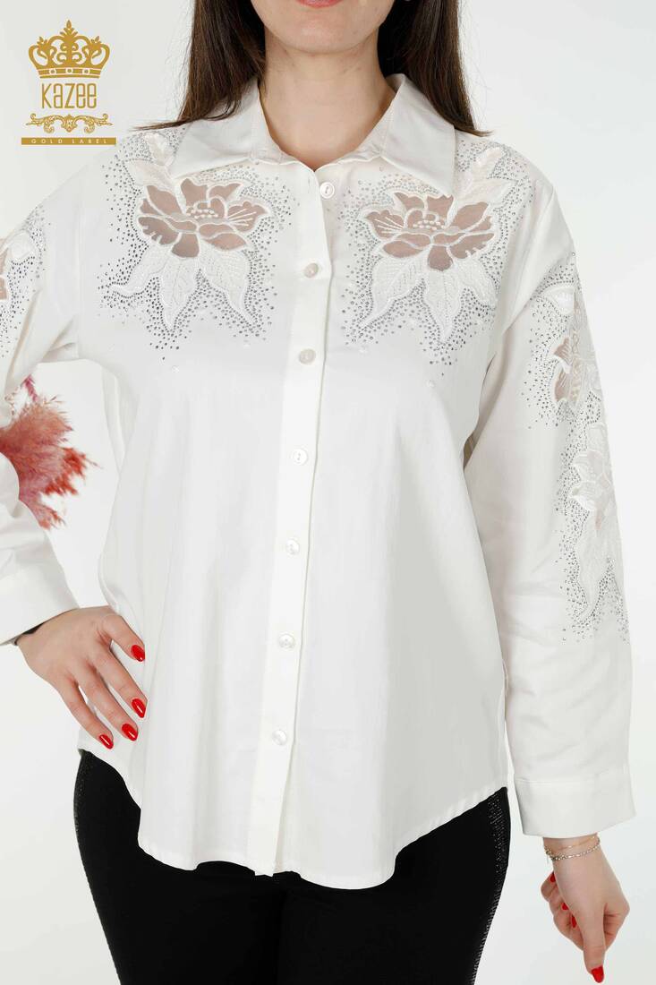 Women's Shirt Ecru With Flower Embroidery - 20253 | KAZEE