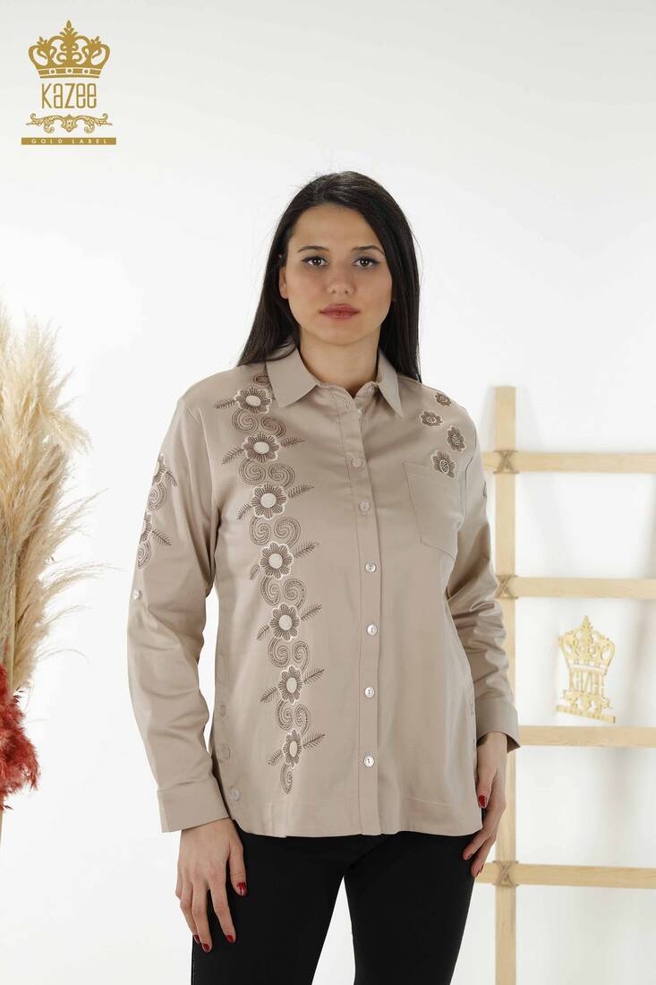 Women's Shirt Beige With Flower Embroidery - 20246 | KAZEE