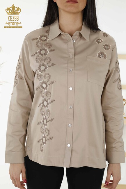 Women's Shirt Beige With Flower Embroidery - 20246 | KAZEE - Thumbnail