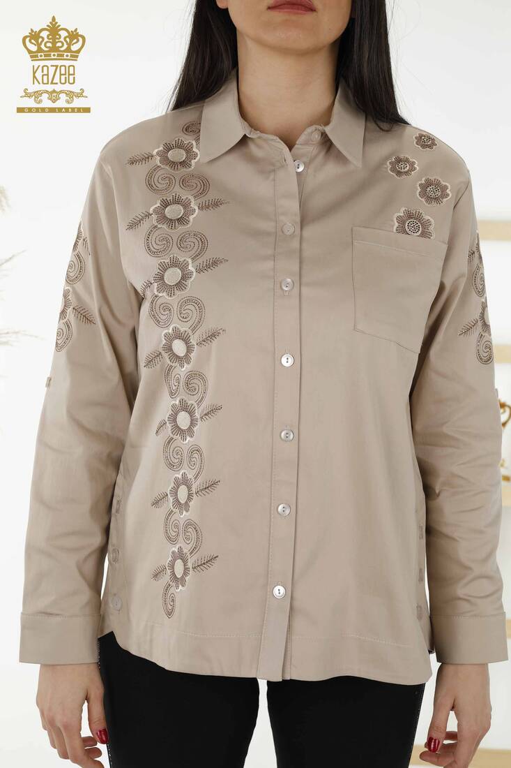 Women's Shirt Beige With Flower Embroidery - 20246 | KAZEE