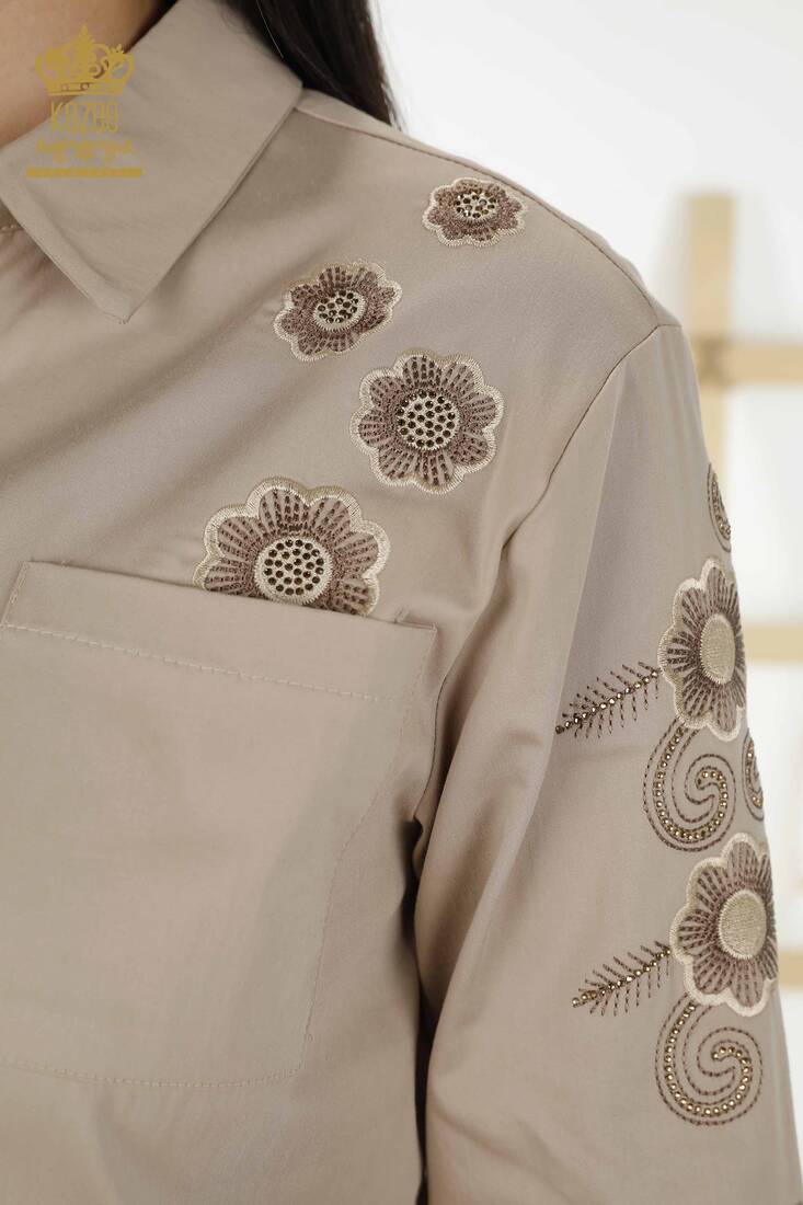 Women's Shirt Beige With Flower Embroidery - 20246 | KAZEE