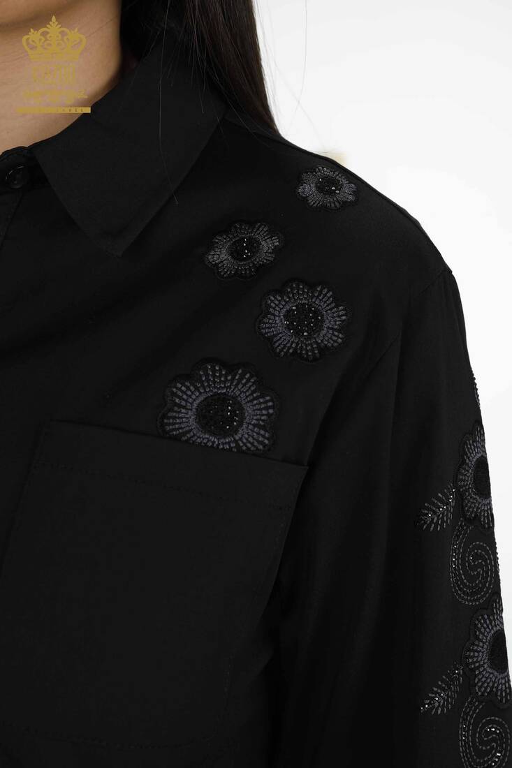 Women's Shirt Black With Floral Embroidery - 20246 | KAZEE