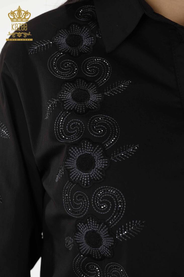 Women's Shirt Black With Floral Embroidery - 20246 | KAZEE