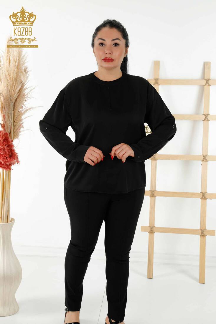 Women's Shirt with Sleeve Detailed Black - 20376 | KAZEE