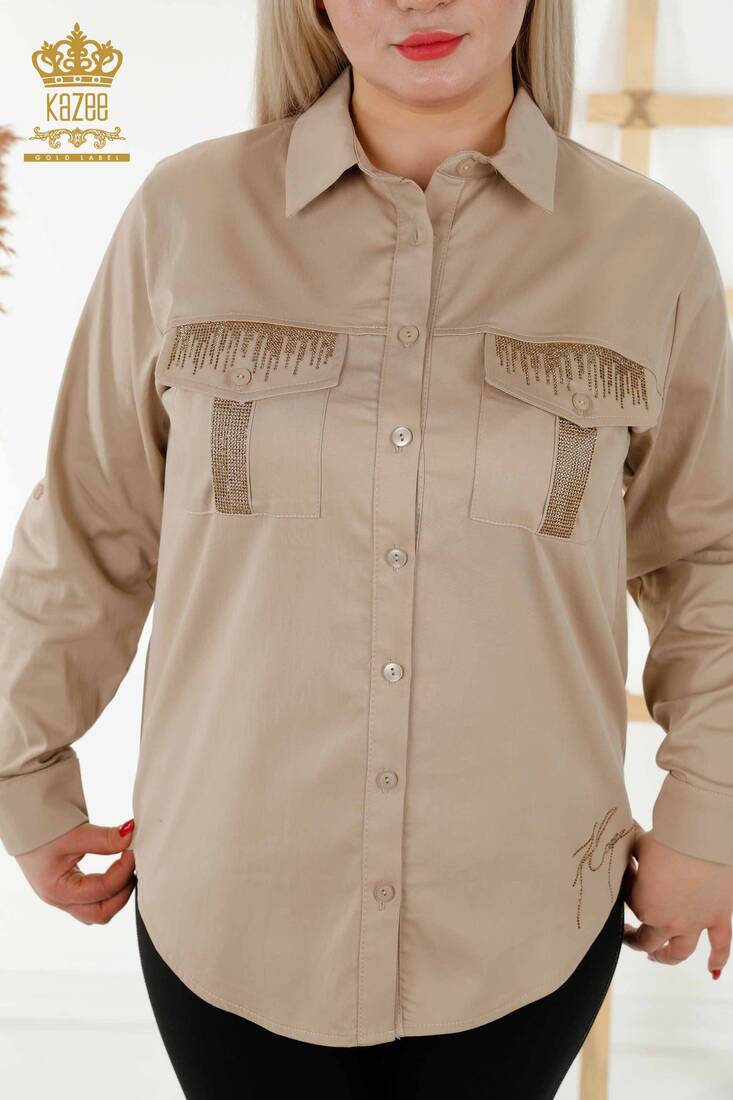 Women's Shirt Stone Embroidered Beige - 20239 | KAZEE