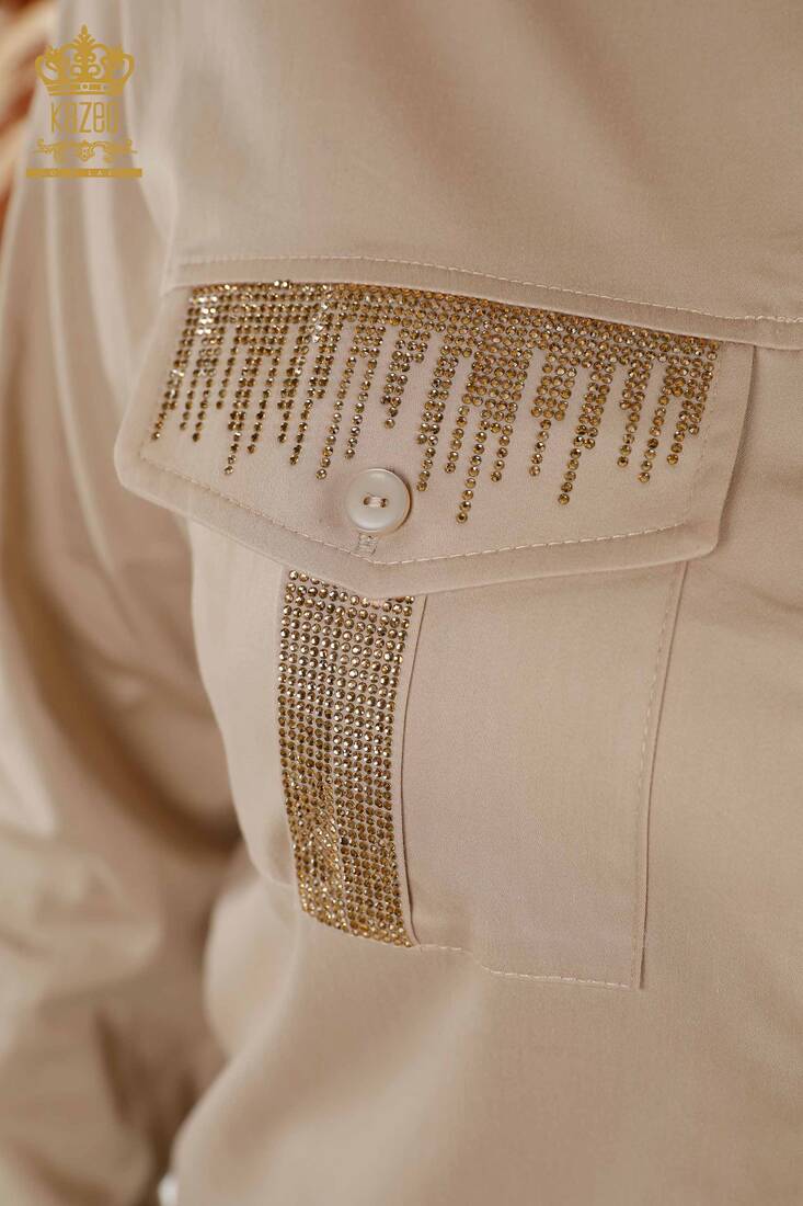 Women's Shirt Stone Embroidered Beige - 20239 | KAZEE