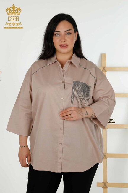 Women's Shirt Stone Embroidered Beige - 20346 | KAZEE - Thumbnail