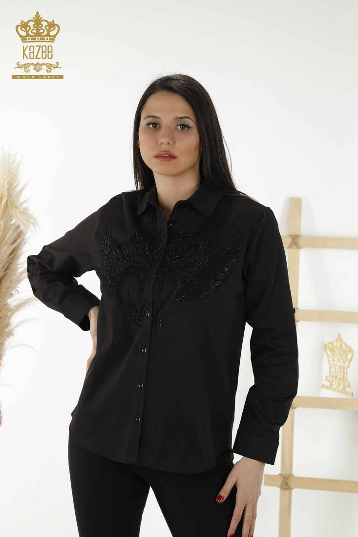 Women's Shirt Stone Embroidered Black - 20233 | KAZEE