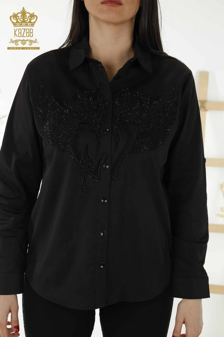 Women's Shirt Stone Embroidered Black - 20233 | KAZEE