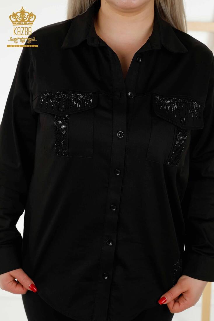 Women's Shirt Stone Embroidered Black - 20239 | KAZEE