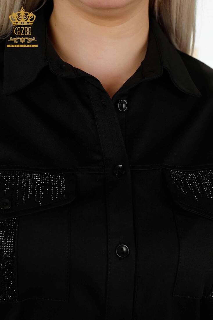 Women's Shirt Stone Embroidered Black - 20239 | KAZEE