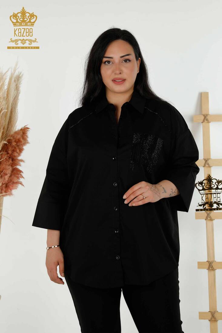 Women's Shirt Stone Embroidered Black - 20346 | KAZEE