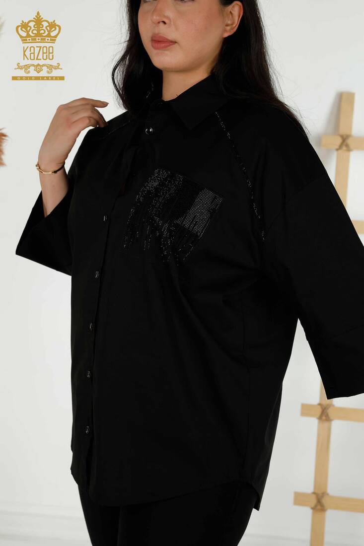 Women's Shirt Stone Embroidered Black - 20346 | KAZEE