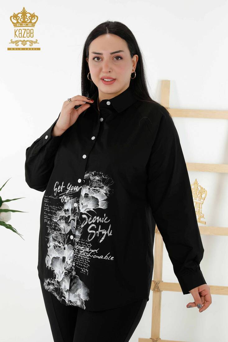 Women's Shirt Stone Embroidered Black - 20351 | KAZEE