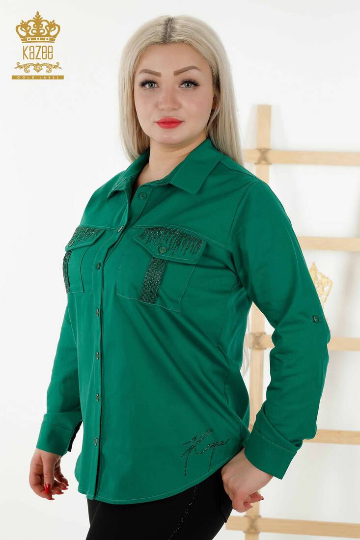 Women's Shirt Stone Embroidered Green - 20239 | KAZEE