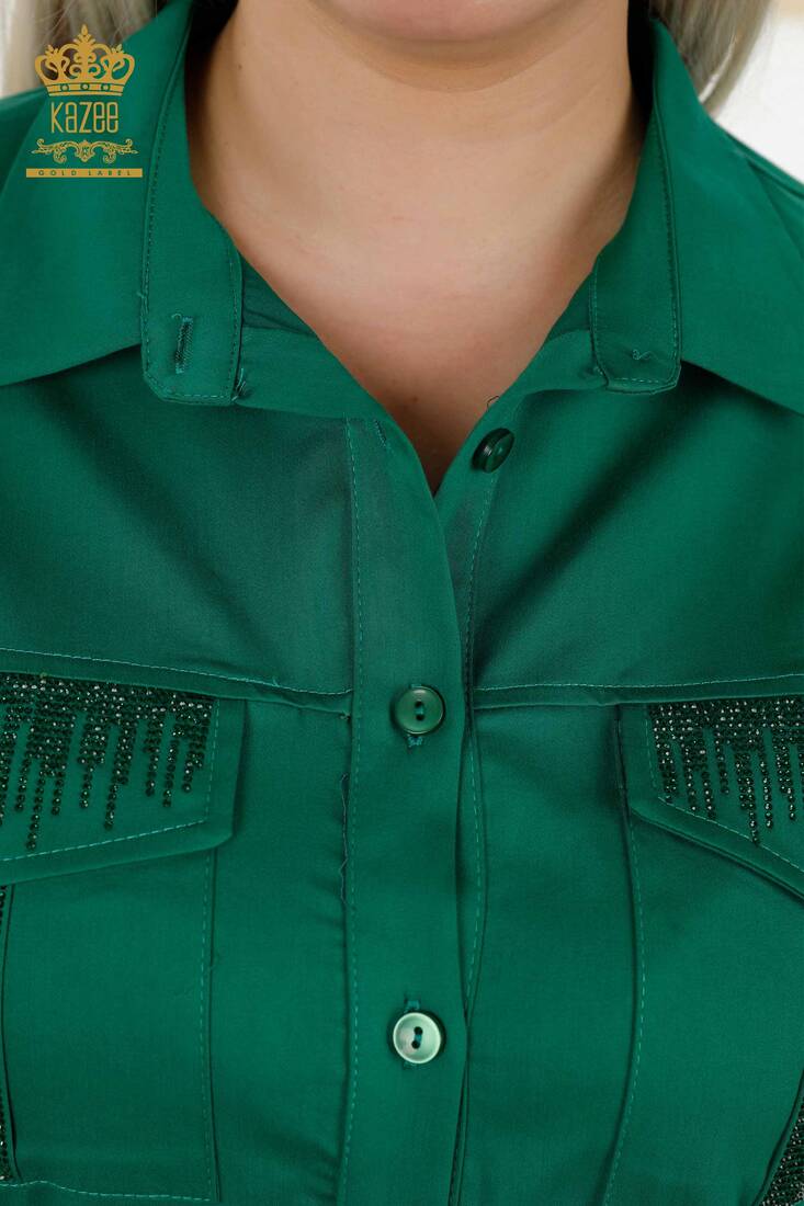 Women's Shirt Stone Embroidered Green - 20239 | KAZEE