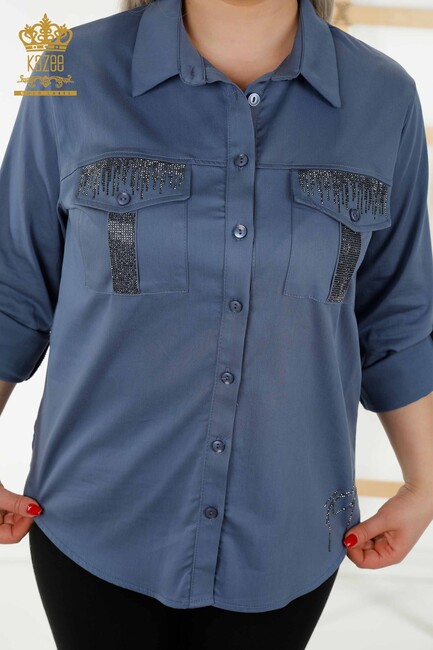 Women's Shirt Stone Embroidered Indigo - 20239 | KAZEE - Thumbnail