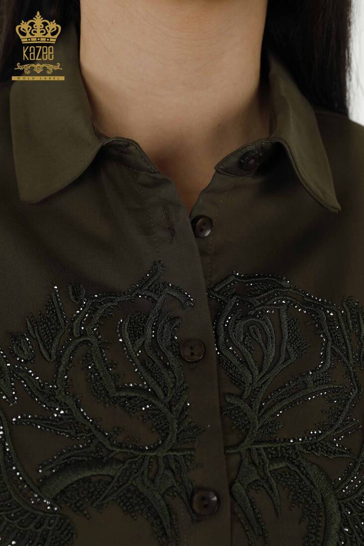 Women's Shirt Stone Embroidered Khaki - 20233 | KAZEE