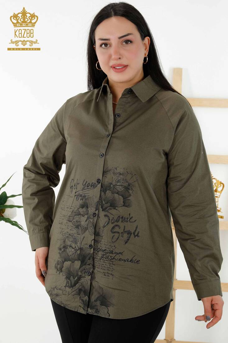 Women's Shirt Stone Embroidered Khaki - 20351 | KAZEE