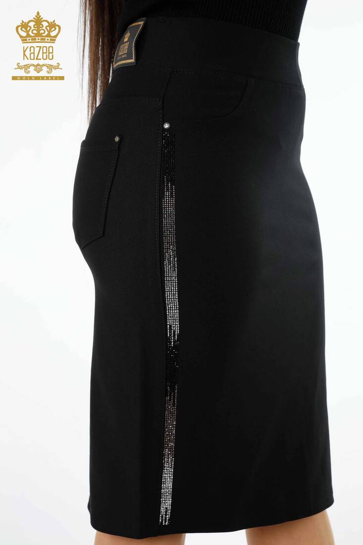 Women's Skirt Stripe Stone Embroidered Black - 4169 | KAZEE