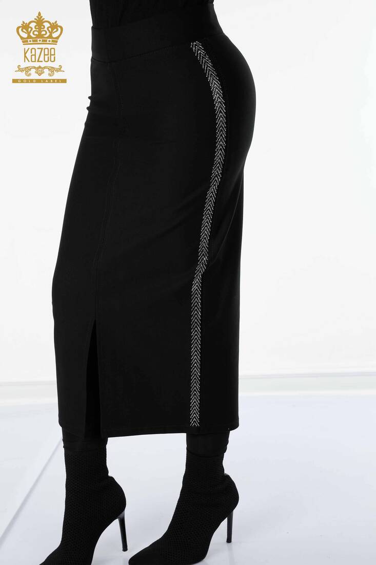 Women's Skirt Stripe Stone Embroidered Black - 4187 | KAZEE