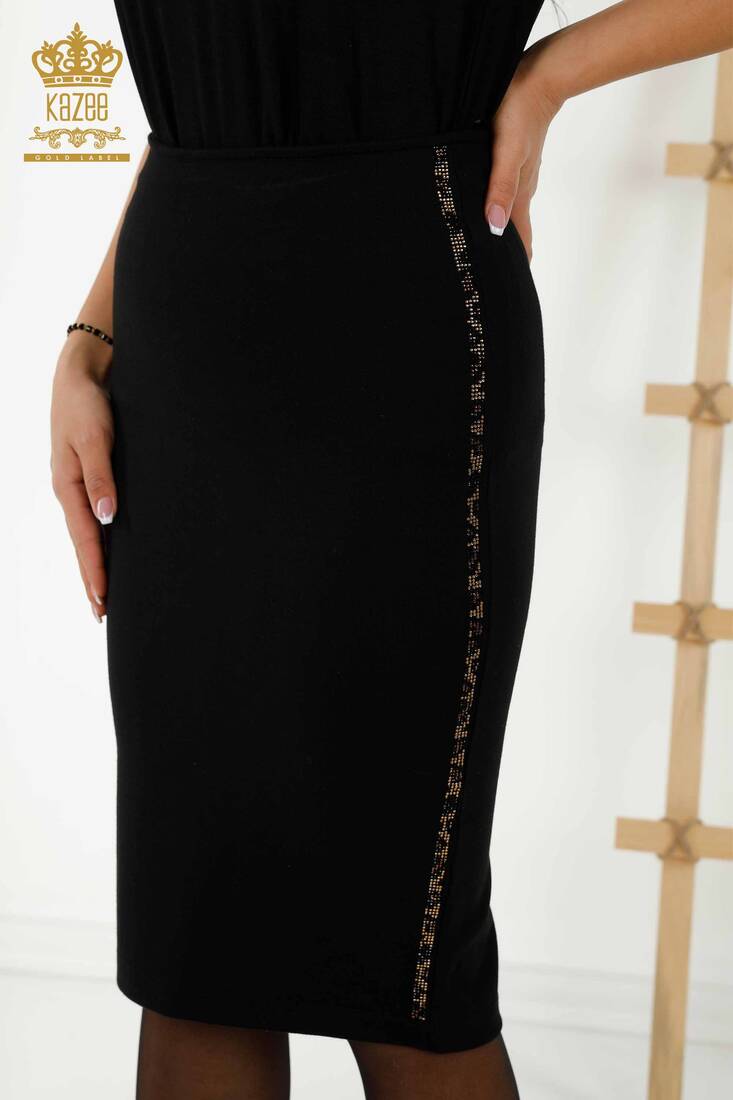 Women's Skirt Stripe Stone Embroidered Black - 4245 | KAZEE